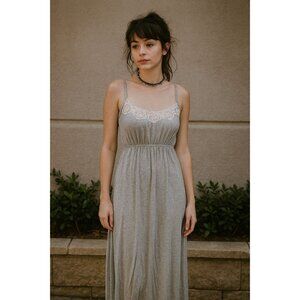 Monteau LA Y2K Babydoll Gray Maxi Dress M Crochet Lace Spaghetti Strap Boho Chic